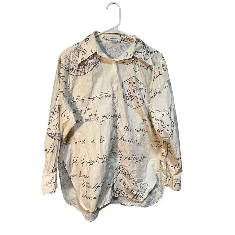 Urban Revivo Women's Sz 4 Button Down Shirt Cream Gray Graphic Italy Rome Cotton